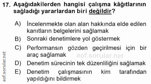 17. soru: Aşağıdakilerden hangisi çalışma kâğıtlarının sağladığı yararlardan biri değildir? A) Incelenmekte olan alan hakkında…