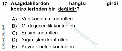17. soru: Aşağıdakilerden hangisi girdi kontrollerinden biri değildir? A) Veri kodlama kontrolleri B) Girdi geçerlilik kontroll…