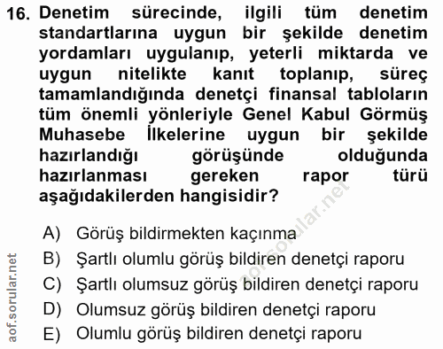 16. soru: Denetim sürecinde, ilgili tüm denetim standartlarına uygun bir şekilde denetim yordamları uygulanıp, yeterli miktarda…