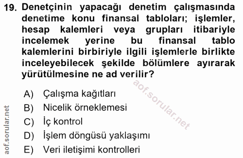19. soru: Denetçinin yapacağı denetim çalışmasında denetime konu finansal tabloları; işlemler, hesap • kalemleri veya grupları…