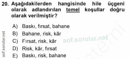 20. soru: Aşağıdakilerden hangisinde hile üçgeni olarak adlandırılan temel koşullar doğru olarak verilmiştir? A) Baskı, fırsat,…