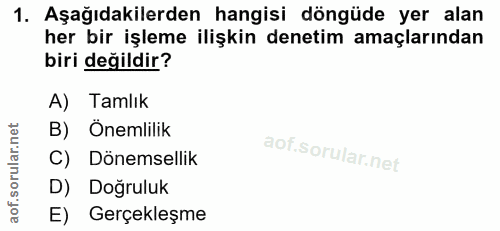 1. soru: Aşağıdakilerden hangisi döngüde yer alan her bir işleme ilişkin denetim amaçlarından biri değildir? A) Tamlık B) Önem…