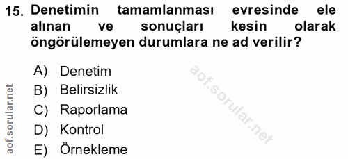 15. soru: Denetimin tamamlanması evresinde ele alınan ve sonuçları kesin olarak öngörülemeyen durumlara ne ad verilir? A) Denet…