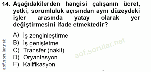 14. soru: Aşağıdakilerden hangisi çalışanın ücret, yetki, sorumluluk açısından aynı düzeydeki işler arasında yatay olarak yer d…