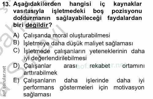 13. soru: Aşağıdakilerden hangisi iç kaynaklar vasıtasıyla işletmedeki boş pozisyonu doldurmanın sağlayabileceği faydalardan bi…