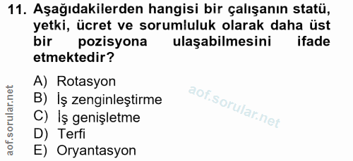 11. soru: Aşağıdakilerden hangisi bir çalışanın statü, yetki, ücret ve sorumluluk olarak daha üst bir pozisyona ulaşabilmesini…