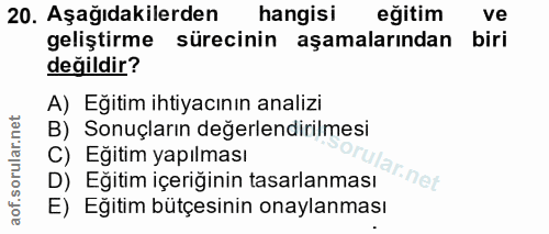 20. soru: Aşağıdakilerden hangisi eğitim ve geliştirme sürecinin aşamalarından biri değildir? A) Eğitim ihtiyacının analizi B)…