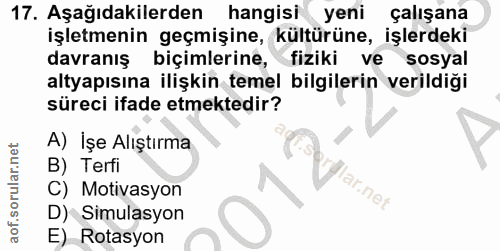 17. soru: Aşağıdakilerden hangisi yeni çalışana işletmenin geçmişine, kültürüne, işlerdeki davranış biçimlerine, fiziki ve sosy…