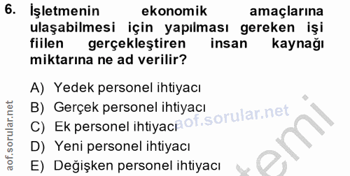 6. soru: İşletmenin ekonomik amaçlarına ulaşabilmesi için yapılması gereken işi fiilen gerçekleştiren insan kaynağı miktarına…