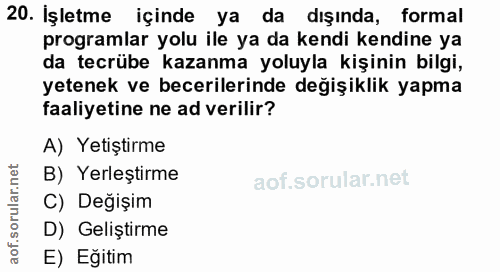 20. soru: İşletme içinde ya da dışında, formal programlar yolu ile ya da kendi kendine ya da tecrübe kazanma yoluyla kişinin bi…