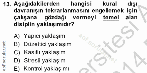 13. soru: Aşağıdakilerden hangisi kural dişl davranışın tekrarlanmasını engellemek için çalışana gözdağı vermeyi temel alan dis…