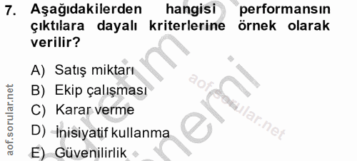 7. soru: Aşağıdakilerden hangisi performansın çıktılara dayalı kriterlerine örnek olarak verilir? A) Satış miktarı B) Ekip çal…