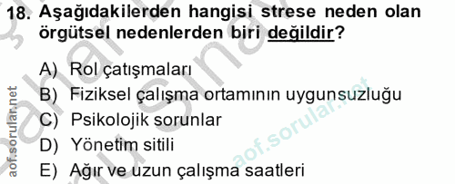 18. soru: Aşağıdakilerden hangisi strese neden olan örgütsel nedenlerden biri değildir? A) Rol çatışmaları B) Fiziksel çalışma…
