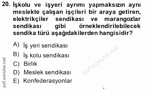 20. soru: Işkolu ve işyeri ayrımı yapmaksızın aynı meslekte çalışan işçileri bir araya getiren, elektrikçiler sendikası ve mara…