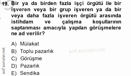 19. soru: Bir ya da birden fazla işçi örgütü ile bir işveren veya bir grup işveren ya da bir veya daha fazla işveren örgütü ara…