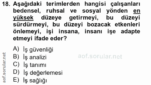 18. soru: Aşağıdaki terimlerden hangisi çalışanları bedensel, ruhsal ve sosyal yönden en Yüksek düzeye getirmeyi, bu düzeyi sür…