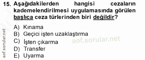 15. soru: Aşağıdakilerden hangisi cezaların kademelendirilmesi uygulamasında görülen başlıca ceza türlerinden biri değildir? A)…