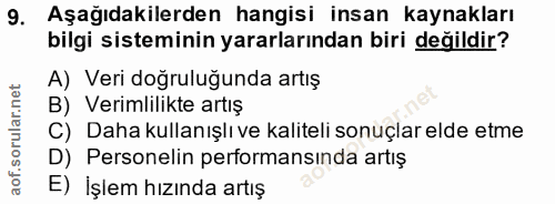 9. soru: Aşağıdakilerden hangisi insan kaynakları bilgi sisteminin yararlarından biri değildir? A) Veri doğruluğunda artış B)…