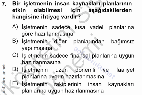 7. soru: Bir işletmenin insan kaynakları planlarının etkin olabilmesi için aşağıdakilerden hangisine ihtiyaç vardır? A) İşletm…