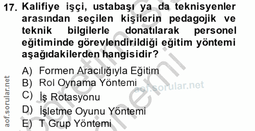 17. soru: Kalifiye işçi, ustabaşı ya da teknisyenler arasından seçilen kişilerin pedagojik ve teknik bilgilerle donatilarak per…