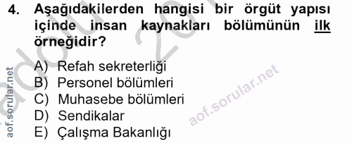 4. soru: Aşağıdakilerden hangisi bir örgüt yapısı içinde insan kaynakları bölümününilk örneğidir? A) Refah sekreterliği B) Per…