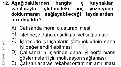 12. soru: Aşağıdakilerden hangisi iç kaynaklar vasıtasıyla işletmedeki boş pozisyonu doldurmanın sağlayabileceği faydalardan bi…
