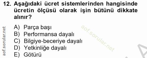 12. soru: Aşağıdaki ücret sistemlerinden hangisinde ücretin ölçüsü olarak işin bütünü dikkate alınır? A) Parça başı B) Performa…