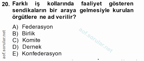 20. soru: Farklı iş kollarında faaliyet gösteren sendikaların bir araya gelmesiyle kurulan örgütlere ne ad verilir? A) Federasy…