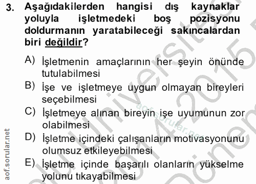 3. soru: Aşağıdakilerden hangisi dış kaynaklar yoluyla işletmedeki boş pozisyonu doldurmanın yaratabileceği sakıncalardan biri…