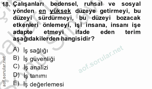18. soru: Çalışanları bedensel, ruhsal ve sosyal yönden en yüksek düzeye getirmeyi, bu düzeyi sürdürmeyi, bu düzeyi bozacak etk…