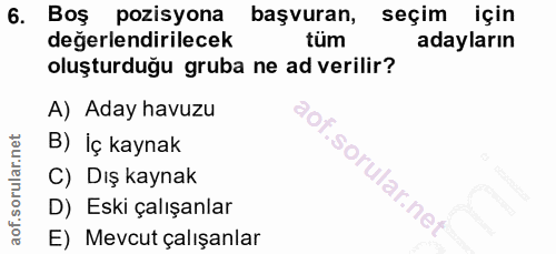 6. soru: Boş pozisyona başvuran, seçim için değerlendirilecek tüm adayların oluşturduğu gruba ne ad verilir? A) Aday havuzu B)…