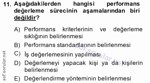 11. soru: Aşağıdakilerden hangisi performans değerleme sürecinin aşamalarından biri değildir? A) Performans kriterlerinin ve de…