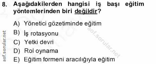 8. soru: Aşağıdakilerden hangisi iş başı eğitim yöntemlerinden biri değildir? A) Yönetici gözetiminde eğitim B) İş rotasyonu C…