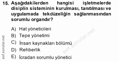 15. soru: Aşağıdakilerden hangisi işletmelerde disiplin sisteminin kurulması, tanıtılması ve uygulamada tekdüzeliğin sağlanması…