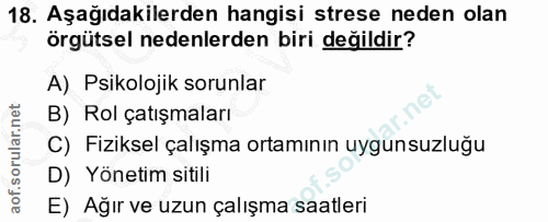 18. soru: Aşağıdakilerden hangisi strese neden olan örgütsel nedenlerden biri değildir? A) Psikolojik sorunlar B) Rol çatışmala…