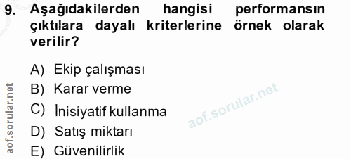 9. soru: Aşağıdakilerden hangisi performansın çıktılara dayalı kriterlerine örnek olarak verilir? A) Ekip çalışması B) Karar v…