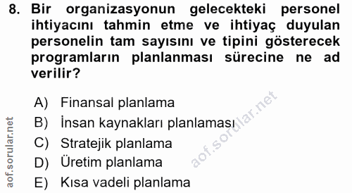 8. soru: Bir organizasyonun gelecekteki personel ihtiyacını tahmin etme ve ihtiyaç duyulan personelin tam sayısını ve tipini g…
