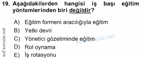 19. soru: Aşağıdakilerden hangisi iş başı eğitim yöntemlerinden biri değildir? A) Eğitim formeni aracılığıyla eğitim B) Yetki d…