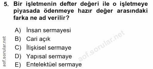 5. soru: Bir işletmenin defter değeri ile o işletmeye piyasada ödenmeye hazır değer arasındaki farka ne ad verilir? A) Insan s…