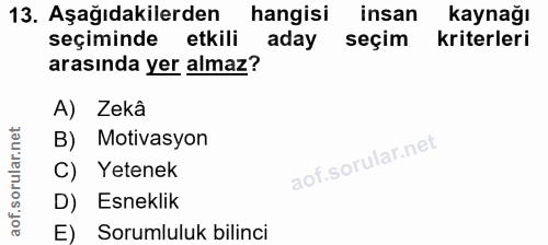 13. soru: Aşağıdakilerden hangisi insan kaynağı seçiminde etkili aday seçim kriterleri arasında yer almaz? A) Zekâ B) Motivasyo…