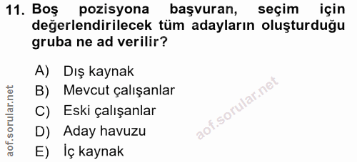 11. soru: Boş pozisyona başvuran, seçim için değerlendirilecek tüm adayların oluşturduğu gruba ne ad verilir? A) Dış kaynak B)…