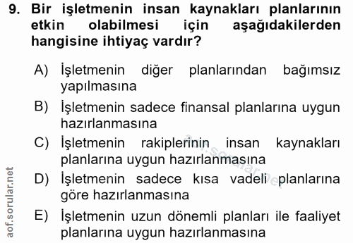 9. soru: Bir işletmenin insan kaynakları planlarının etkin olabilmesi için aşağıdakilerden hangisine ihtiyaç vardır? A) İşletm…
