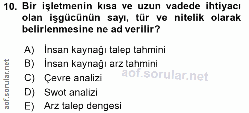 10. soru: Bir işletmenin kısa ve uzun vadede ihtiyacı olan işgücünün sayı, tür ve nitelik olarak belirlenmesine ne ad verilir?…