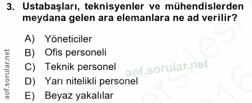 3. soru: Ustabaşları, teknisyenler ve mühendislerden meydana gelen ara elemanlara ne ad verilir? A) Yöneticiler B) Ofis person…