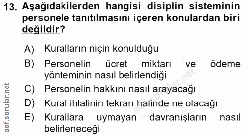 13. soru: Aşağıdakilerden hangisi disiplin sisteminin personele tanıtılmasını içeren konulardan biri değildir? A) Kuralların ni…