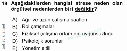 19. soru: Aşağıdakilerden hangisi strese neden olan örgütsel nedenlerden biri değildir? A) Ağır ve uzun çalışma saatleri B) Rol…