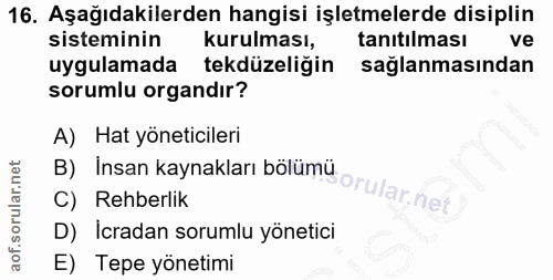 16. soru: Aşağıdakilerden hangisi işletmelerde disiplin sisteminin kurulması, tanıtılması ve uygulamada tekdüzeliğin sağlanması…