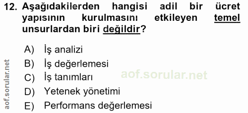 12. soru: Aşağıdakilerden hangisi adil bir ücret yapısının kurulmasını etkileyen temel unsurlardan biri değildir? A) İş analizi…