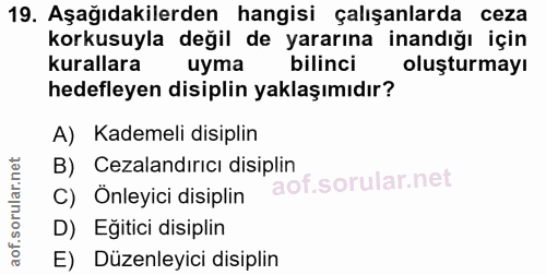 19. soru: Aşağıdakilerden hangisi çalışanlarda ceza korkusuyla değil de yararına inandığı için kurallara uyma bilinci oluşturma…