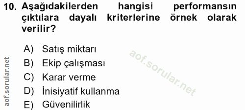10. soru: Aşağıdakilerden hangisi performansın çıktılara dayalı kriterlerine örnek olarak verilir? A) Satış miktarı B) Ekip çal…